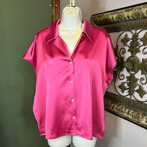 NWT Rachel Zoe Pink Satiny Button Up Shirt with Cap sleeve- Sz XL